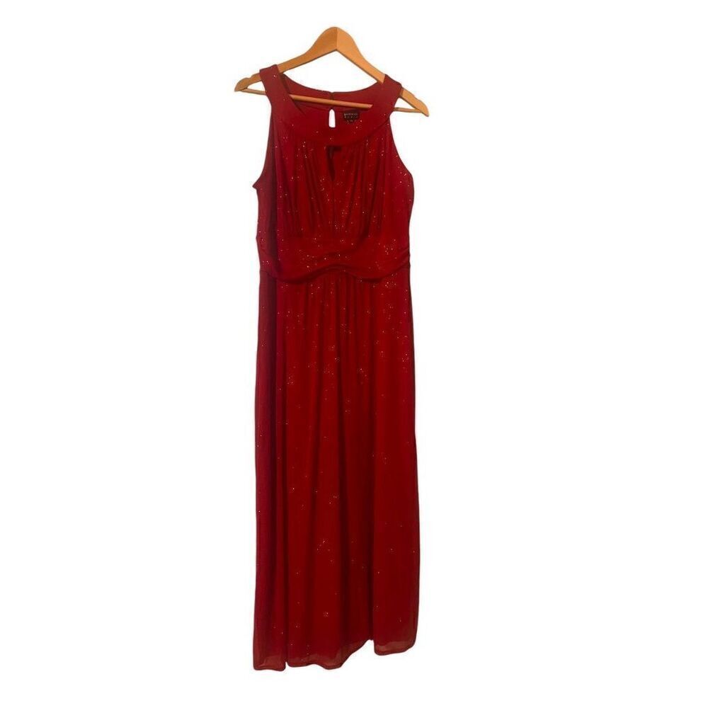 En Focus Women's 14W High Neck Formal Maxi Dress Red Sparkle Holiday Gala Glam
